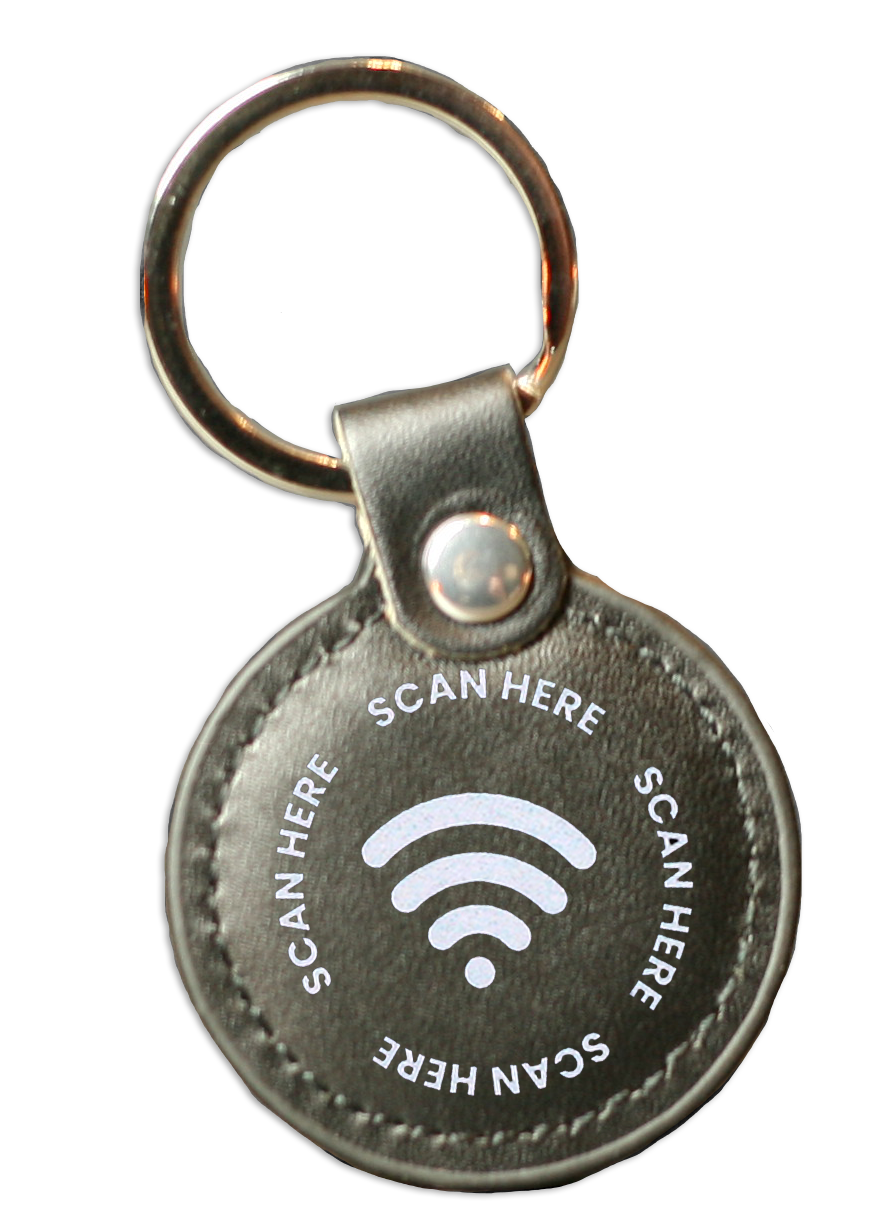 Leather Style Black NFC Keyring with 'Scan Here' Wording