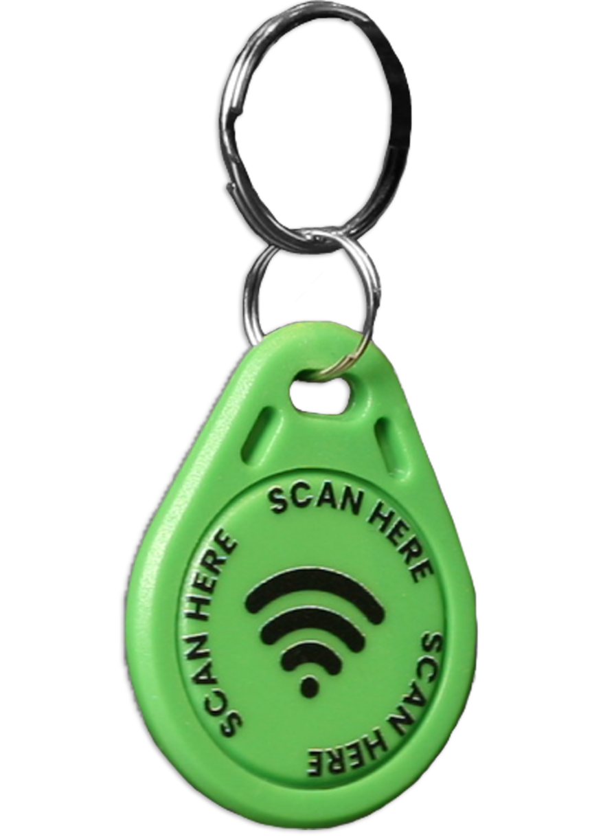 Contactless Green PVC Keyring With 'Scan Here' Wording